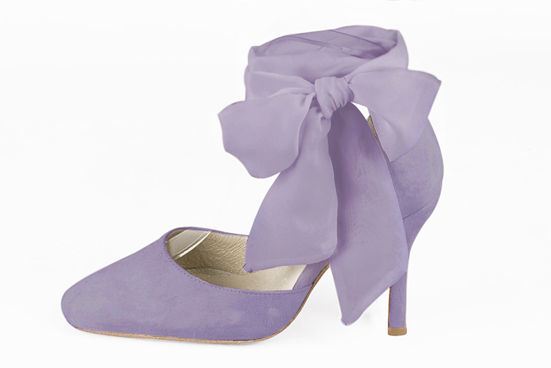 Lilac purple women's open side shoes, with a scarf around the ankle. Square toe. Very high spool heels. Profile view - Florence KOOIJMAN